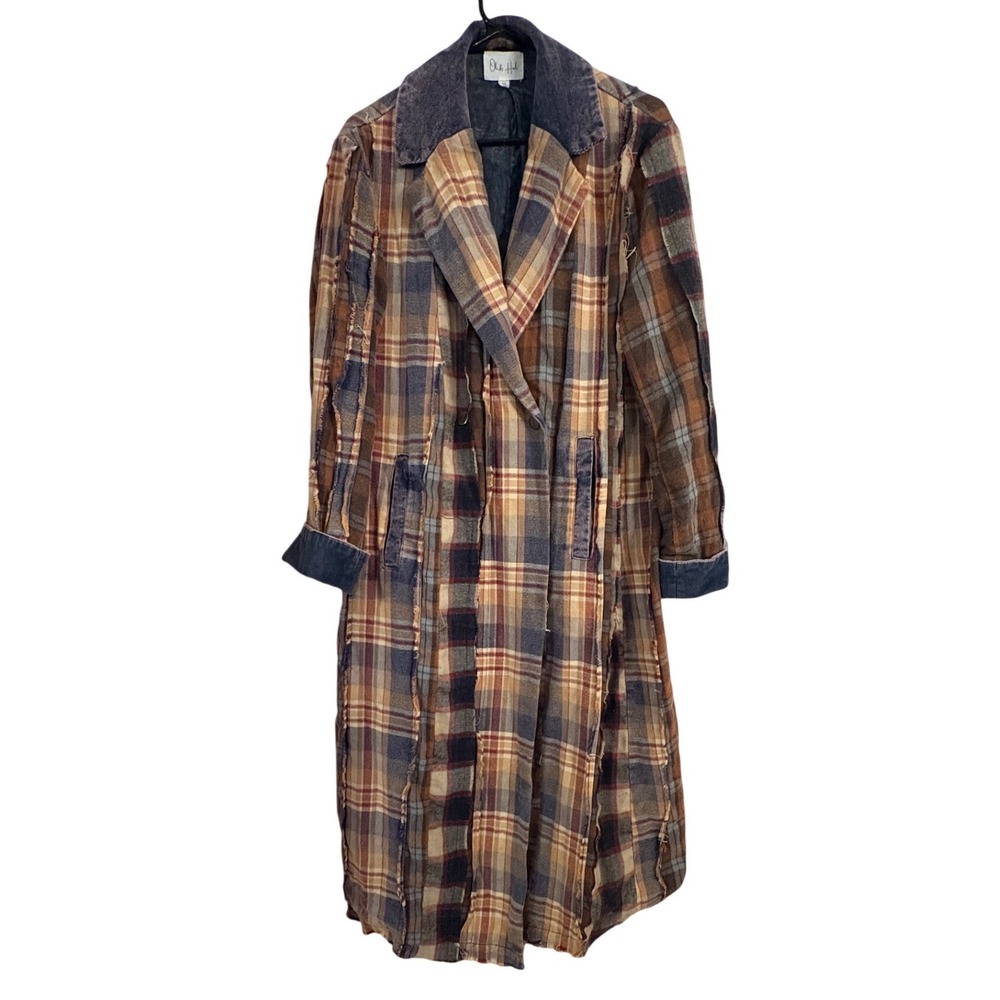 Oli & Hali Plaid Patchwork Distressed Long Trench Coat Duster Brown Blue M - Picture 2 of 7
